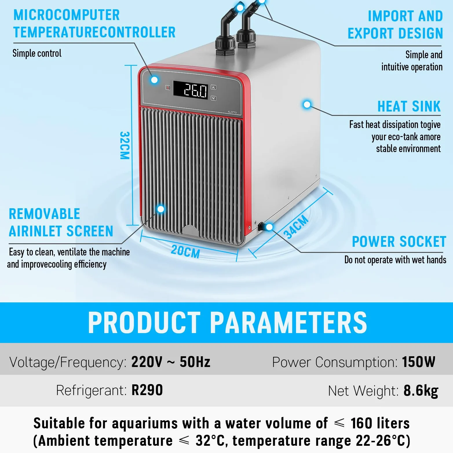 Aquarium Durchlaufkühler 160L, Wasserkühler Aquarium Spezielle Leise Design für Fischbecken Wasserkraut Quallen Süß- / Salzwasser-Wasserpflanzen, Aquarium Chiller mit Pumpe, Schlauch und Haltering