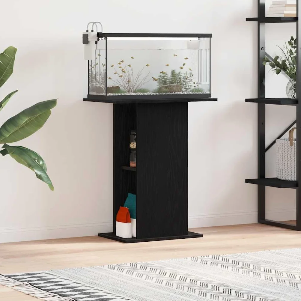 Aquariumständer Schwarz Eichen-Optik 60,5x36x72,5 cm | Holzwerkstoff, Feuchtigkeitsbeständig, Offene Fächer, Stauraum für Zubehör, Inklusive Wandhalterung