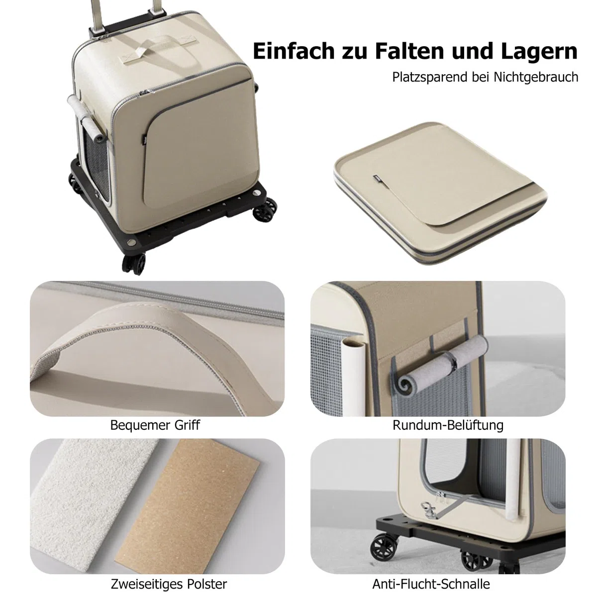 PETCUTE 3 in 1 Hunderucksack Katzenrucksack mit Trolley,Haustiertragetasche für Große Katzen und kleine Hunde,Faltbare Atmungsaktive Haustier Rucksack mit Innerer Sicherheitsleine und Haustiermatte