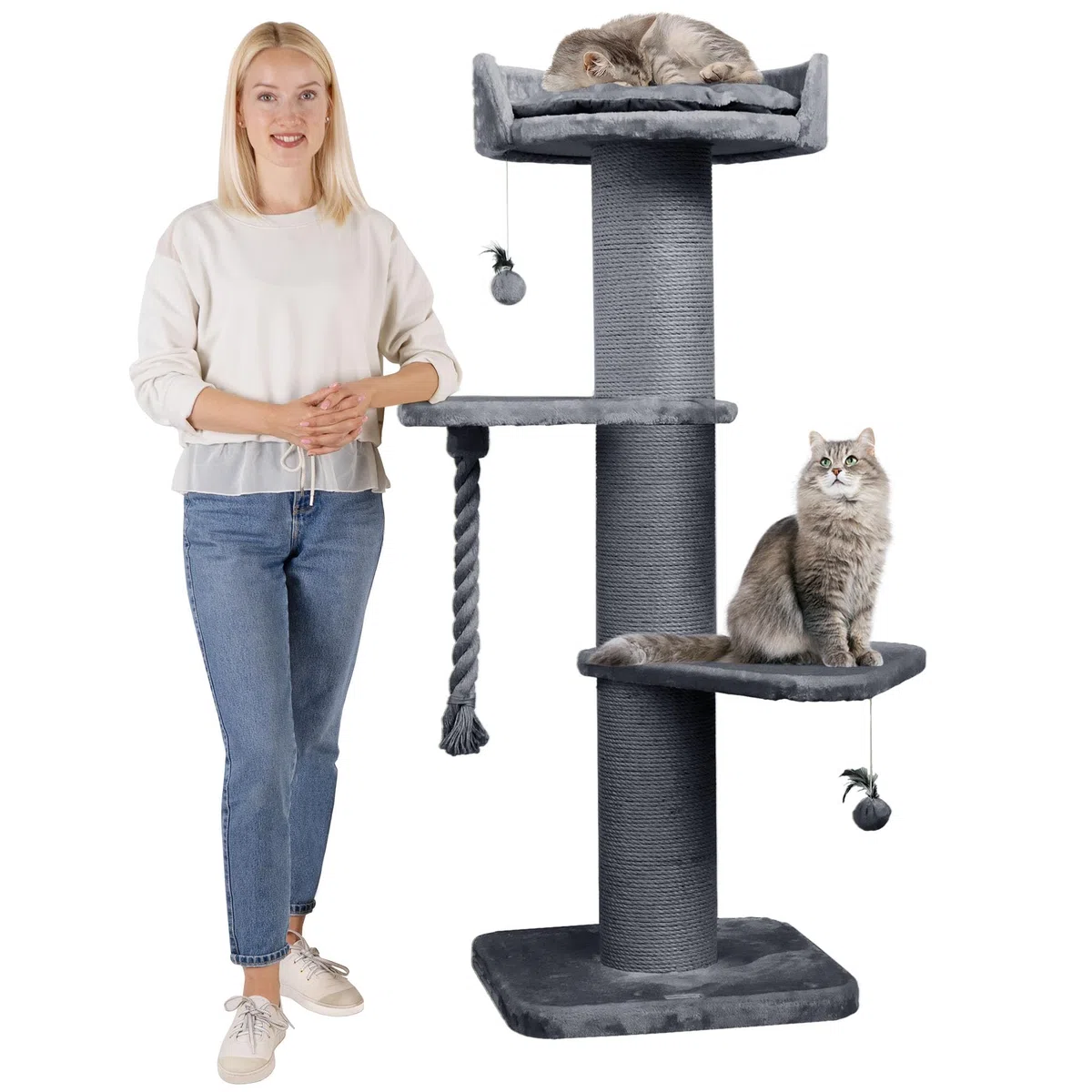 HAPPYPET Premium Kratzbaum Grosse Katzen Stabil 'Freddy' – 150 cm Großer Katzenbaum, Kletterbaum für Maine Coon, Natursisal, 20 cm Dicke Stämme - Grau