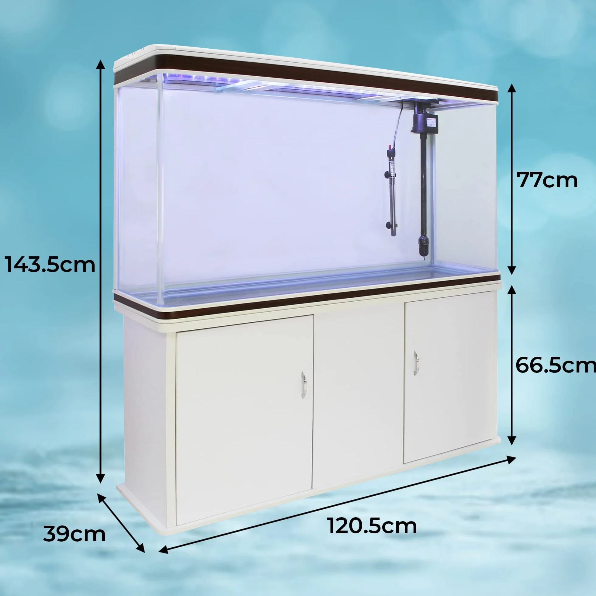 MonsterShop Aquarium Starter Komplettset Aquarium mit passendem Unterschrank inklusive Aquarienpflanzen Blauer Kies Aquarium Hintergrund 143.5cm H x 120.5cm B x 39cm T