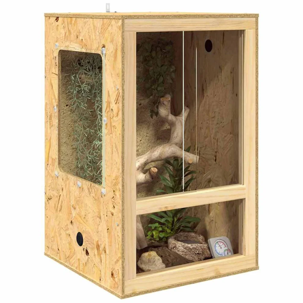 OSB Terrarium Braun 50 x 50 x 80 cm quadratisches Reptilien Terrarium mit Glasfront und Thermometer für Amphibien und Nagetiere