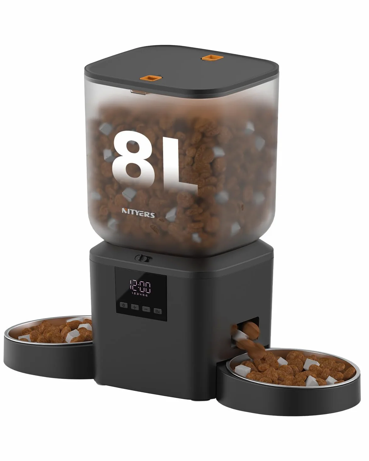Futterautomat Katze 2 Näpfe für Katzen & Hunde, mit 2 Edelstahlnäpfen | 8L katzenfutterautomat, 2-18mm Trockenfutter, bis zu 50 Portionen 6 Mahlzeiten pro Tag, 10s Sprachaufzeichnung, Frischhaltung