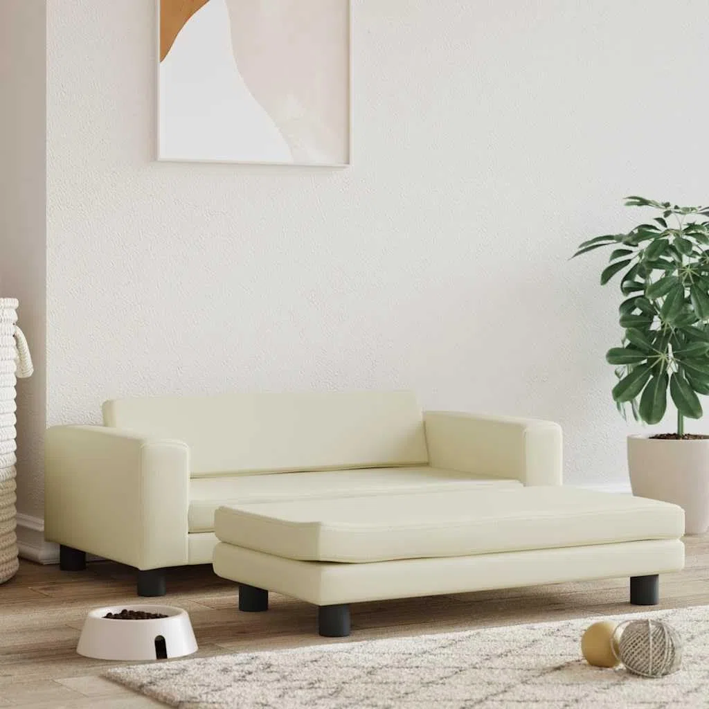 Hundebett mit Verlängerung Creme Kunstleder 100x50x30 cm, weiches Hundesofa mit Schaumstofffüllung, rutschfestes Haustierbett für kleine Hunde, ideal für Wohnzimmer und Schlafzimmer