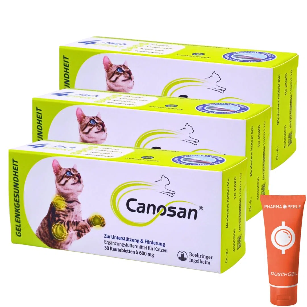 Canosan 3x 30 Kautabletten I Ergänzungsfuttermittel für Katzen I mit Gonex Grünlippmuschel-Extrakt I zur Unterstützung von Gelenken, Knorpeln, Sehnen und Bändern I Spar-Set plus Pharma Perle give-away