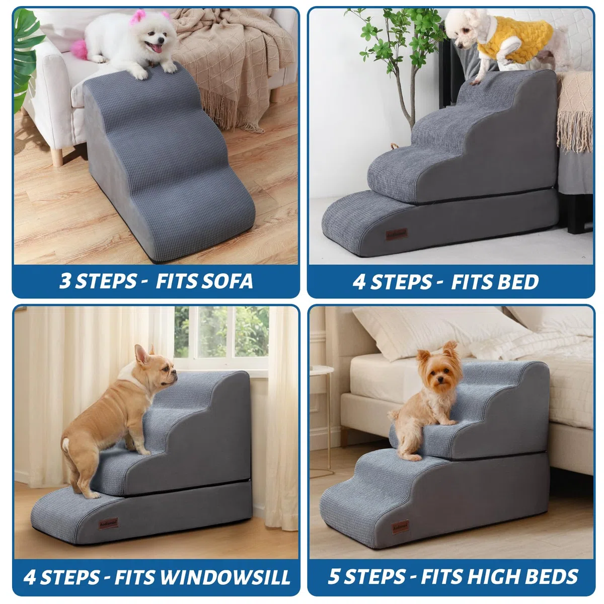 Hundetreppe und Rampe für Bett, 4-stufige Hundetreppe für kleine Hunde und Katzen, rutschfeste Haustiertreppe, geeignet für Hochbettklettern