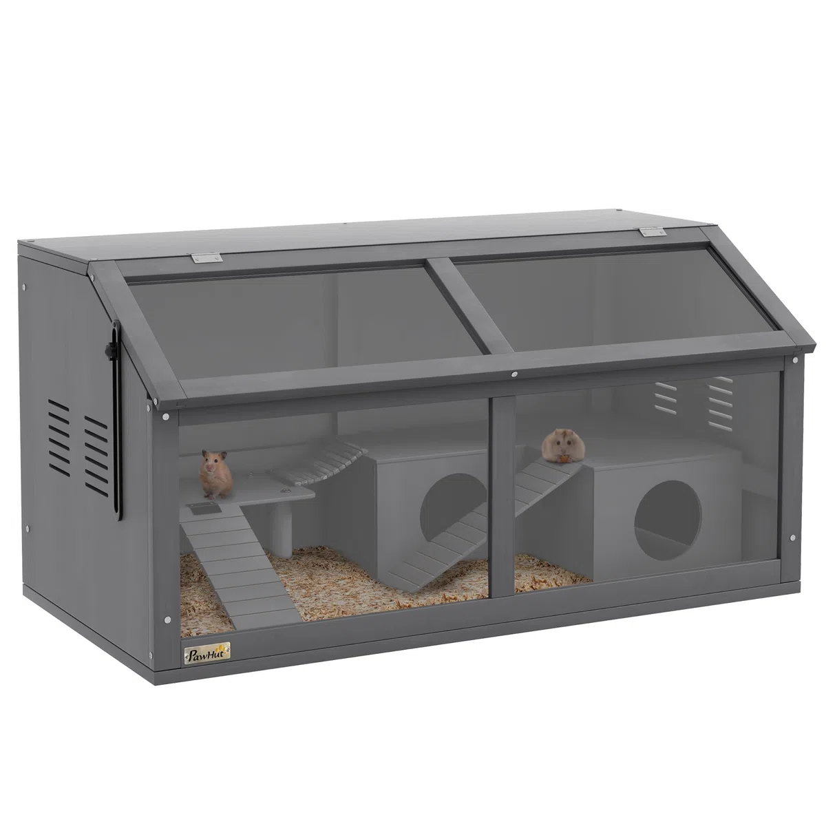 PawHut Hamsterkäfig aus Holz für Zwerghamster 85 x 45 x 44 cm Dunkelgrau | Nagerkäfig, Kleintierkäfig, Obere Tür, Hängebrücke, Leitern, Hütte, Fütterungsstation, Mäusekäfig