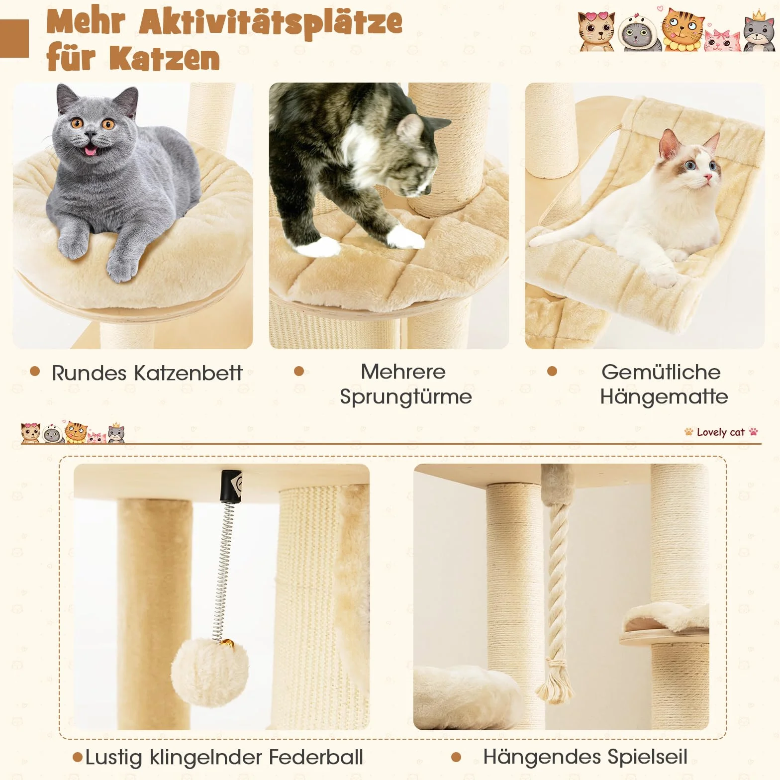 COSTWAY 173cm Kratzbaum Holz, Katzenbaum Groß, Katzenkratzbaum mit Katzenhöhle, dicken Stämmen, Matten, Ball & Sisalseil, Aktivitätsbaum mit Kratztonne, Katzenmöbel Kletterbaum Katzenhaus (Beige)