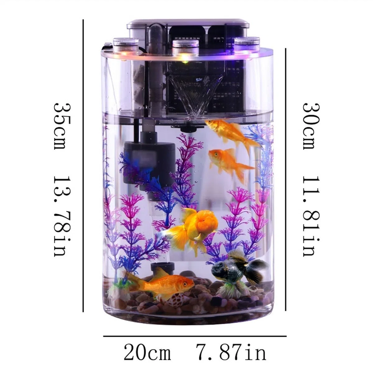 Aquarium, zylindrisch, transparentes Glas, verdicktes kleines Aquarium mit Filterpumpe und LED-Lichtern, einfaches ökologisches Aquarium, Wohnzimmer