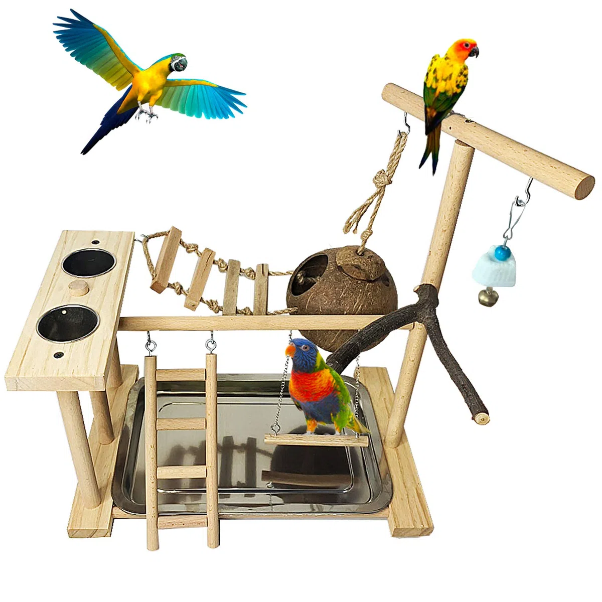 Hamiledyi Spielplatz für Papageien, Vogelspiel, Holz, Sitzstange mit Futterschalen, Spielzeug für Nymphensittiche, Nest mit Leiter für Sittiche