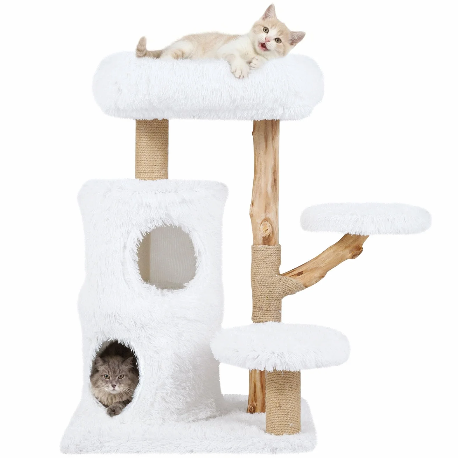 GOPLUS Kratzbaum Holz, Katzenbaum 93 cm mit 2 Höhle, Kratzstamm aus natürlichem Jute, 3 Plattformen, Massive Holzstütze & Weiche Kissen, Kletterbaum für Katzen, Indoor Katzenmöbel, Weiß + Natur
