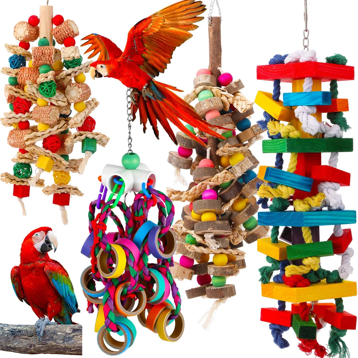 Soulchen 4-teiliges extra großes Vogel-Papageienspielzeug-Set – natürliches Holzkauspielzeug, Rattan-Ball, Holznuss, Luffa-Schnur (Beutel) für große Aras, afrikanisches Grau, Amazon-Papageien