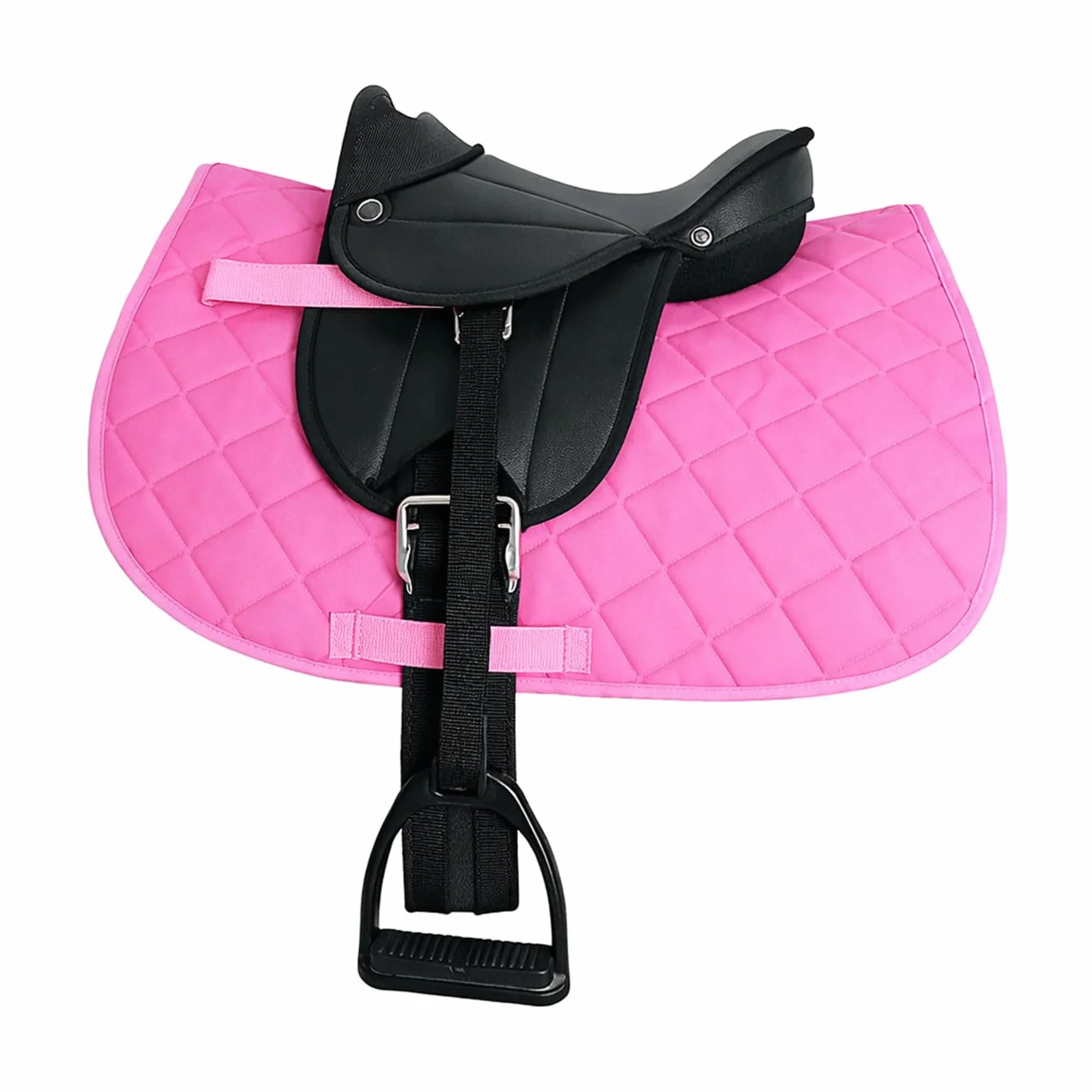 Brama West Holzpferd Sattel Set „My Happy Pony“ | Sattel für Shetty Pony Holzpferd Plüschpferd | mit Satteldecke, Sattelgurt, Steigbügel & Steigbügelriemen | Zweifarbig Rosa Decke/Sattel Schwarz