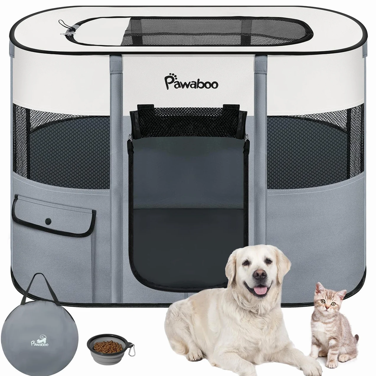 Pawaboo Tragbarer Haustierstall, Faltbarer Hundelaufstall mit Wasserdichtem Oxford, Katzengehege mit Reisetasche Faltbarem Napf, Indoor Outdoor Gebrauch für Welpe Katze Kaninchen, L, Grau