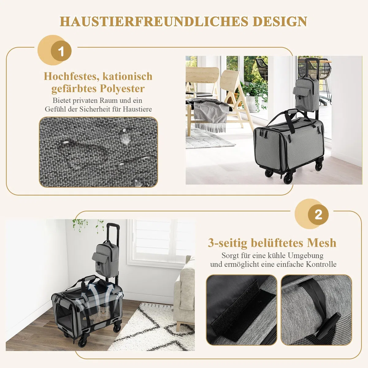 GYMAX Katzen Transportbox, Hunde Tragetasche mit Katzenrucksack & Teleskopgriff, Transporttasche mit Rädern & stabile Plattform, Haustier-Reiseträger für kleine & mittelgroße Haustiere, Grau