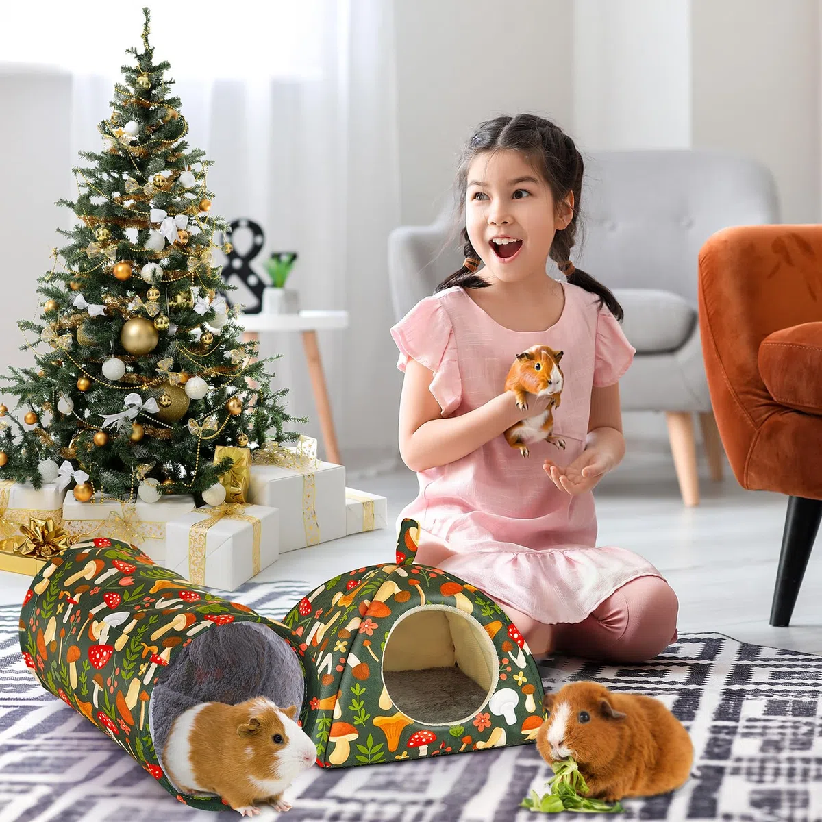 Bienbee Meerschweinchen-Versteck Waschbares Kaninchenbett mit Meerschweinchentunnel, 2 Stück, Meerschweinchen-Spielzeug-Set, Hasenversteck Käfigzubehör für Hamster, Frettchen, Kaninchen, Hase, grüner