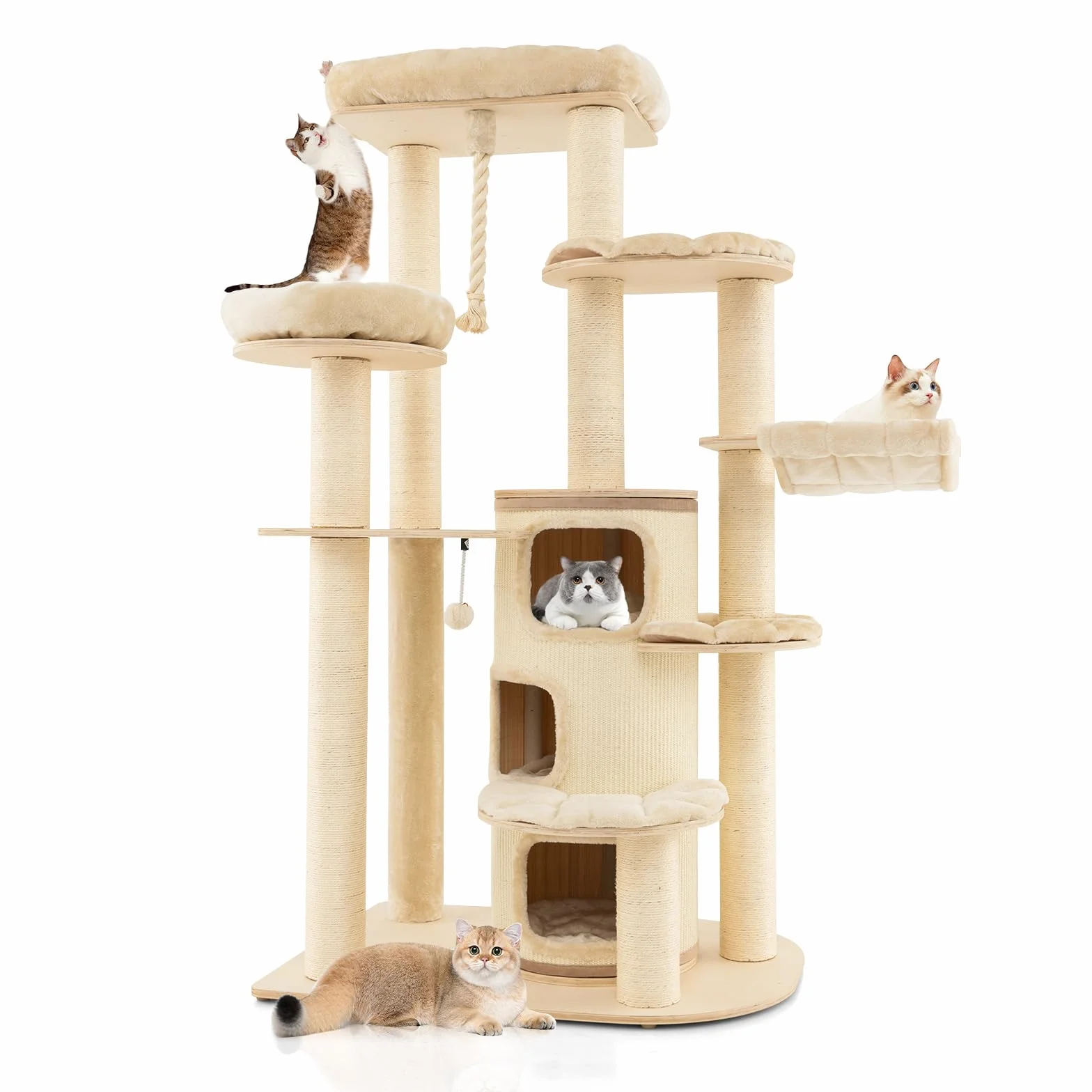 COSTWAY 173cm Kratzbaum Holz, Katzenbaum Groß, Katzenkratzbaum mit Katzenhöhle, dicken Stämmen, Matten, Ball & Sisalseil, Aktivitätsbaum mit Kratztonne, Katzenmöbel Kletterbaum Katzenhaus (Beige)