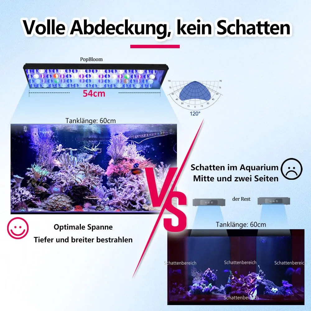 PopBloom Meerwasser LED 55W, mit Aufhängeset, Salzwasser LED Beleuchtung für Reef Coral Fish Wasserpflanzen Salzwasser Aquarium (für 50-70cm)