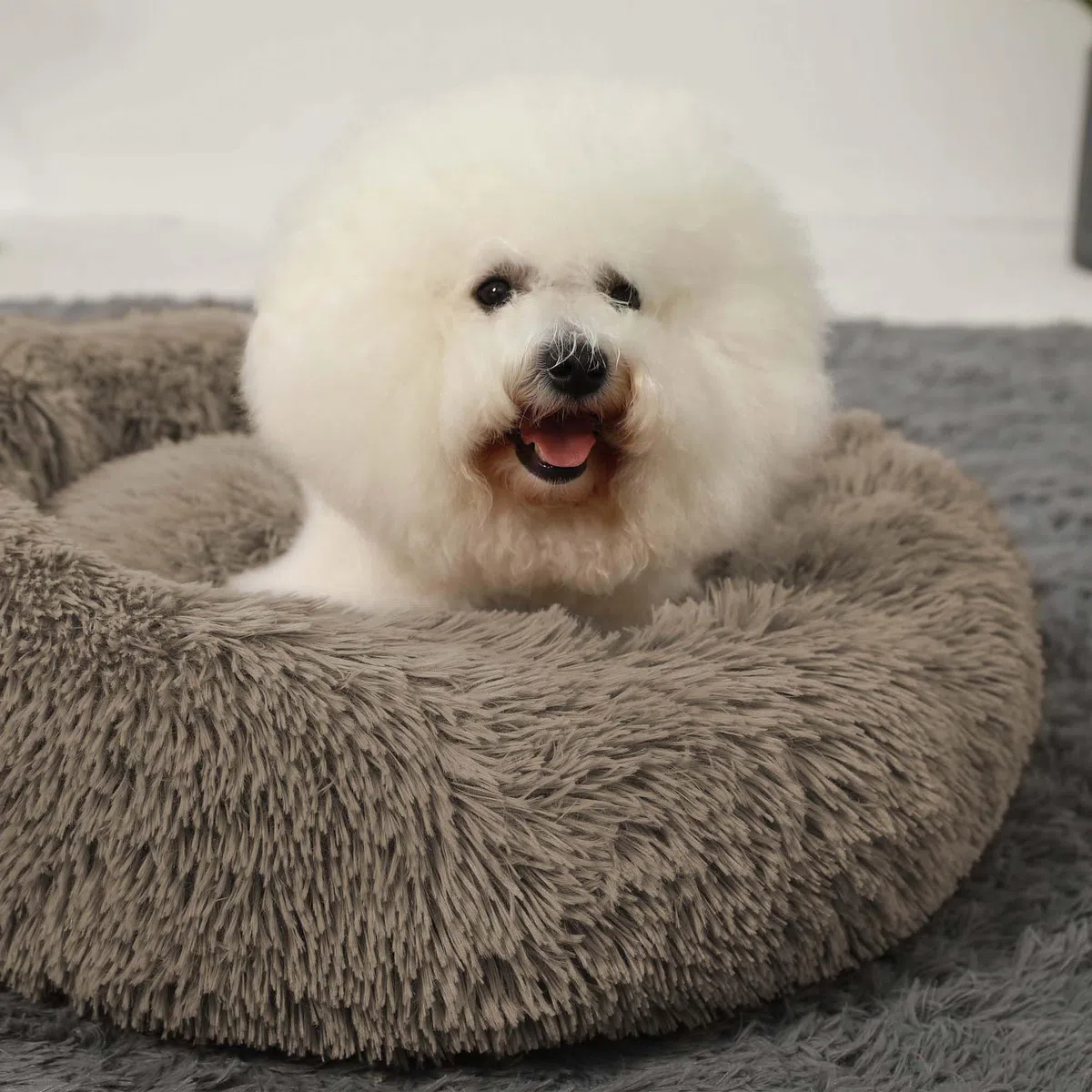 HACHIKITTY Calming Donut Cuddler Hundebett, rund, flauschiges Haustierbett mit eingenähtem Kissen für große Hunde, waschbar, groß, Taupe, 58 cm