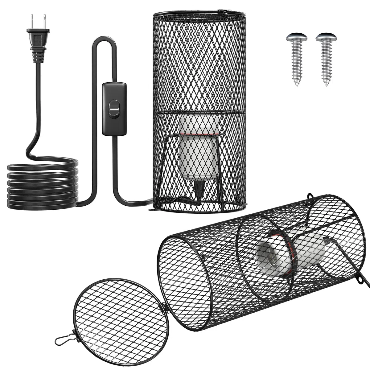 Reptilien-Wärmelampenschutz, 2 Stück, mit 150 W E26 Keramik-Halterung, Verbrühungsschutz, Netzkäfig, Reptilienlampe mit An-/Aus-Taste, Paar