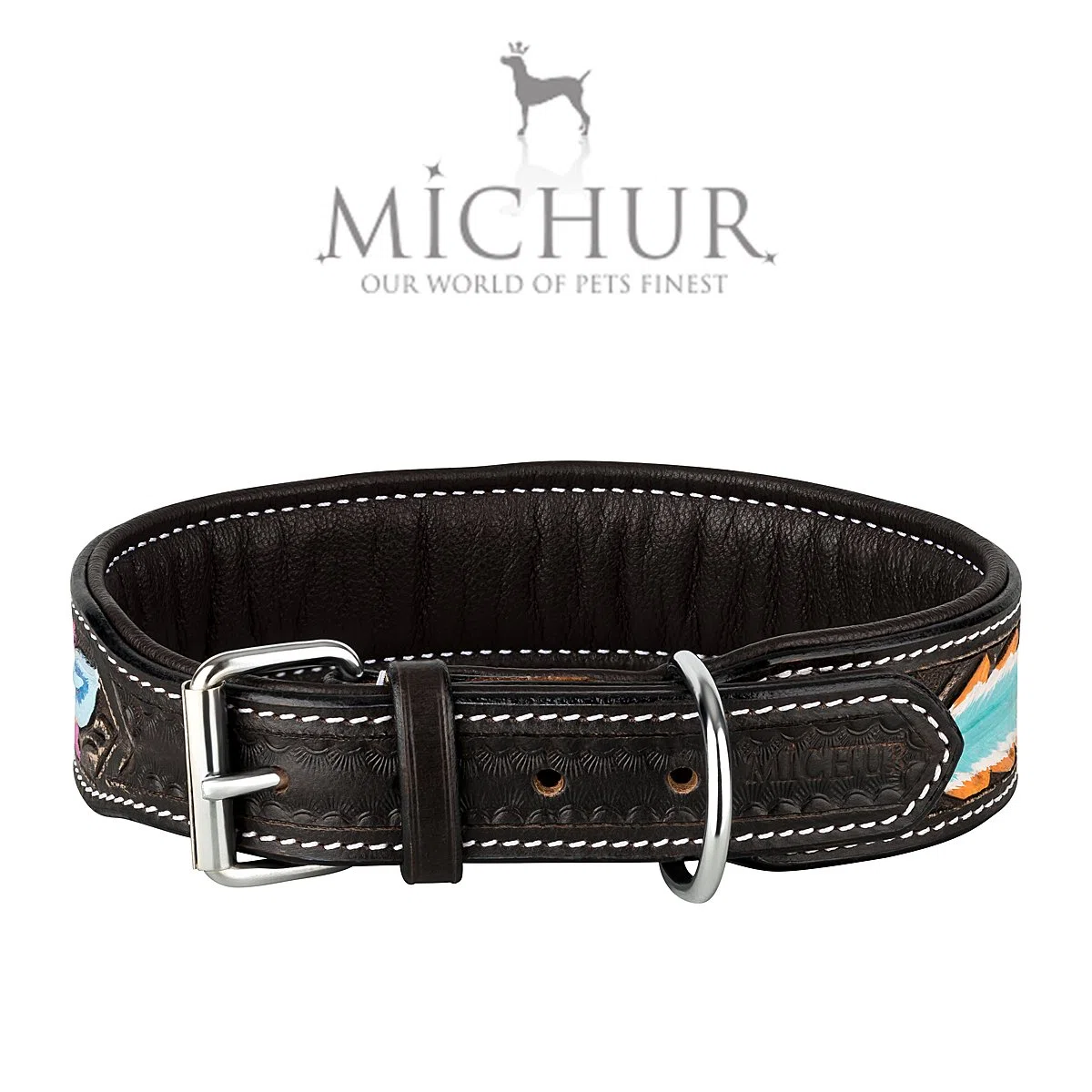 MICHUR Pietro Braun Schwarz mit Feder Muster, Hundehalsband Leder, Lederhalsband Hund, Halsband, Leder, in verschiedenen Größen erhältlich