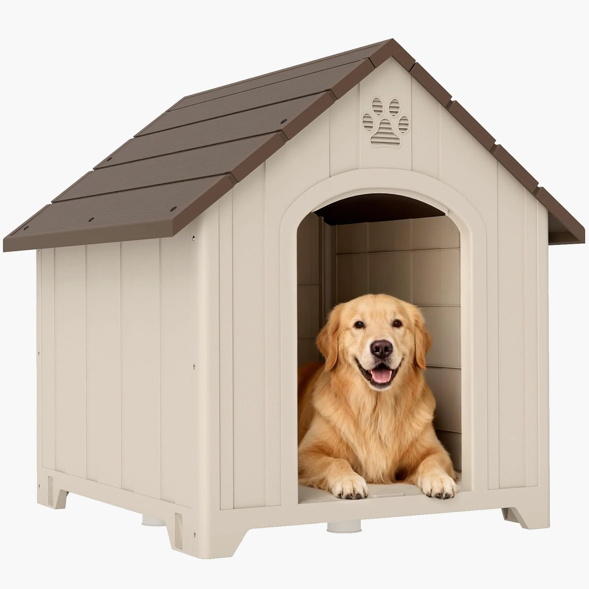 PawHut Hundehütte Wetterfestes Hundehaus für mittelgroße Große Hunde Beige | Erhöhte Hundehöhle mit Wasserfestem Dach Bodenankern Klauenförmige Lüftungsöffnung, Outdoor Hütte, Hunde Bis 30 kg