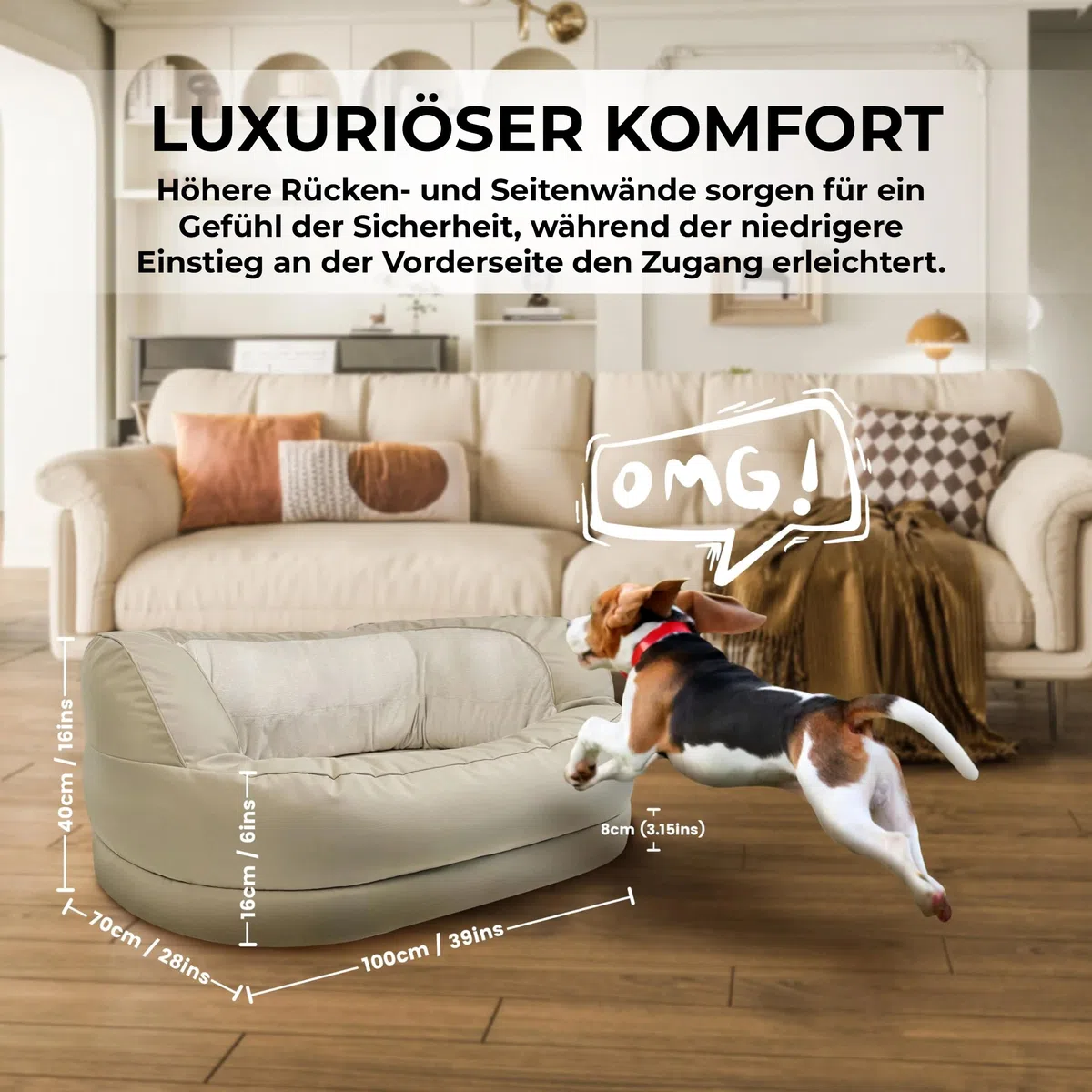 Anti Stress Hundebett Beruhigend, Orthopädisches Katzenbett und Hundekissen, Kuscheliger Waschbarer Haustier Schlafplatz Rund, Beige 100 x 70 x 40 cm