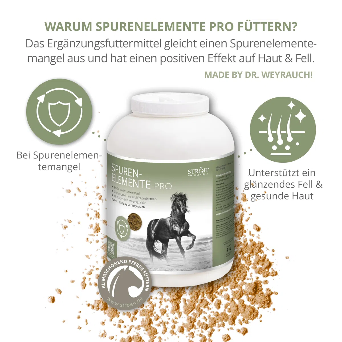 STRÖH Spurenelemente Pro Pulver für Pferde - Ergänzungsfutter Pferd - 4kg | Zink, Mangan, Eisen, Kupfer, Selen, Jod, Cobalt - Kräuter - Ohne Zusätze - Premium Mineralfutter - Fell, Haut & Immunsytem