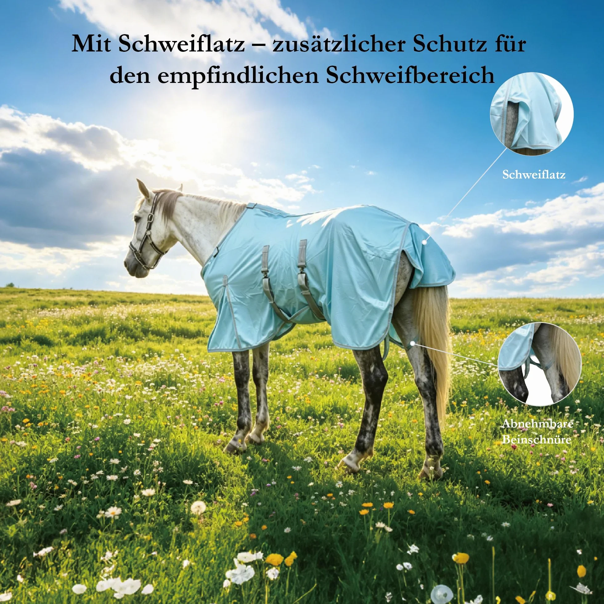 Fliegendecke Pferd mit abnehmbarem Halsteil & Bauchlatz, atmungsaktiv, UV-Schutz, reißfestes Mesh, Sommerdecke 150 cm