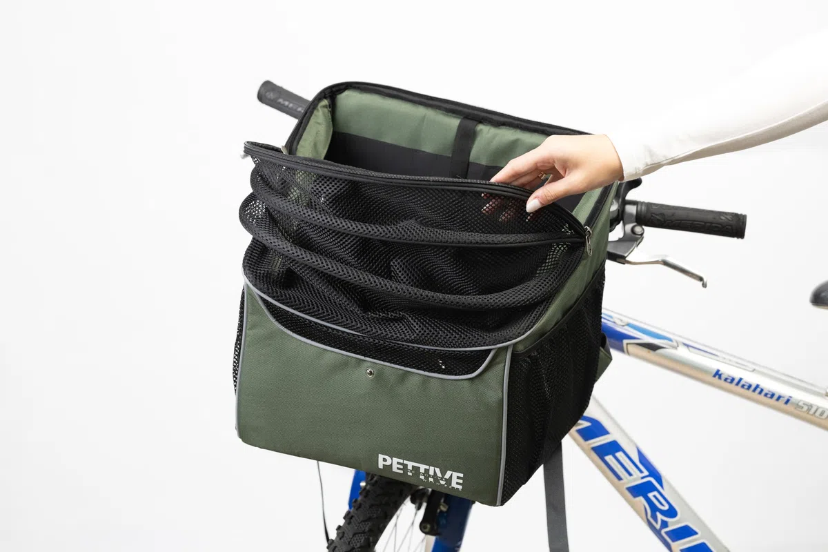 Fahrradkorb für Hunde, Fahrradkorb für Katzen, Rucksack für Hunde, Katzentransportbox mit Regenabdeckung PETRIVE BikeOn bis 7 kg (Grün)