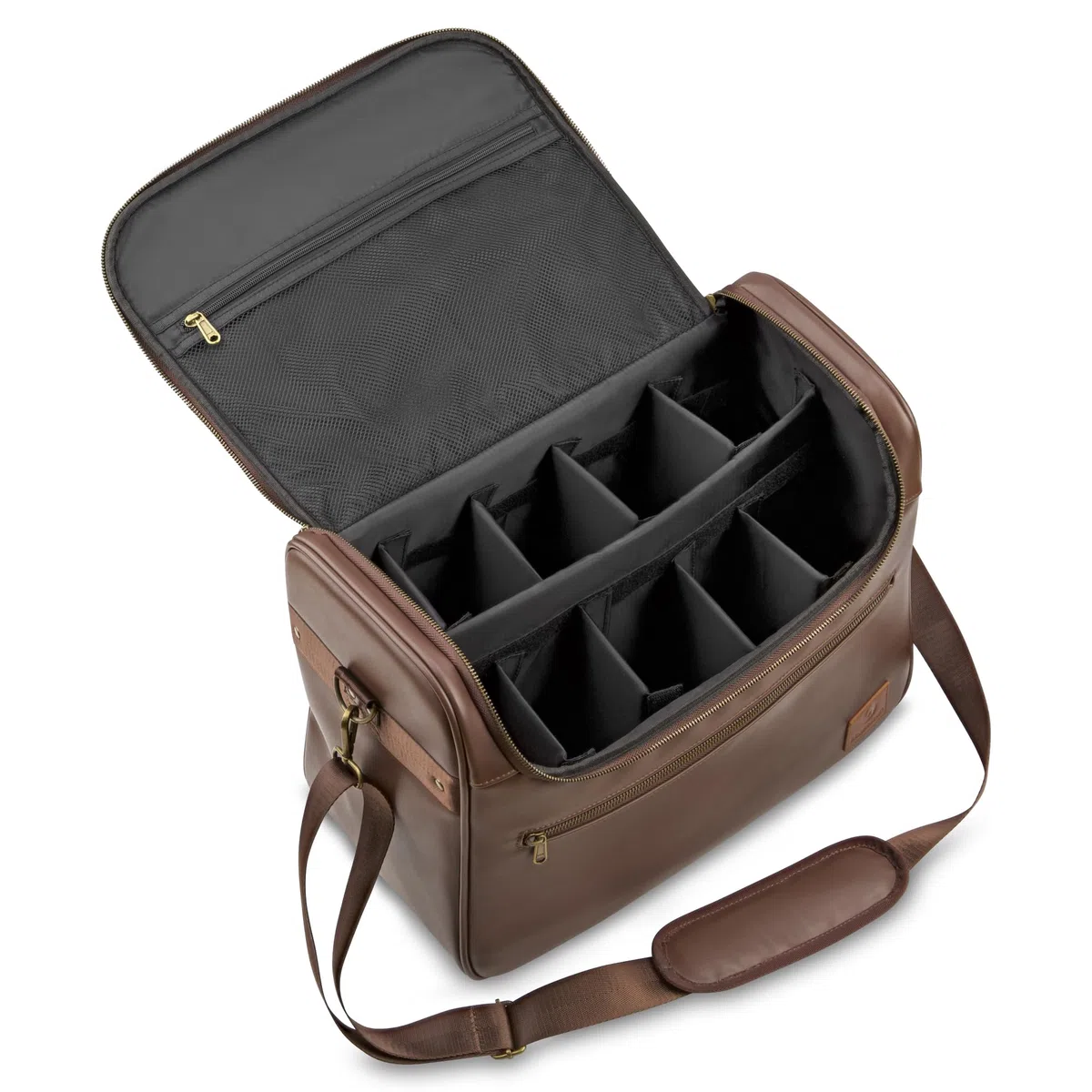 Putztasche für Pferde – veganes Leder, Braun-Gold | Robuste, wasserabweisende Putzbox aus veganem Leder mit flexiblen Trennfächern & Tragegurt