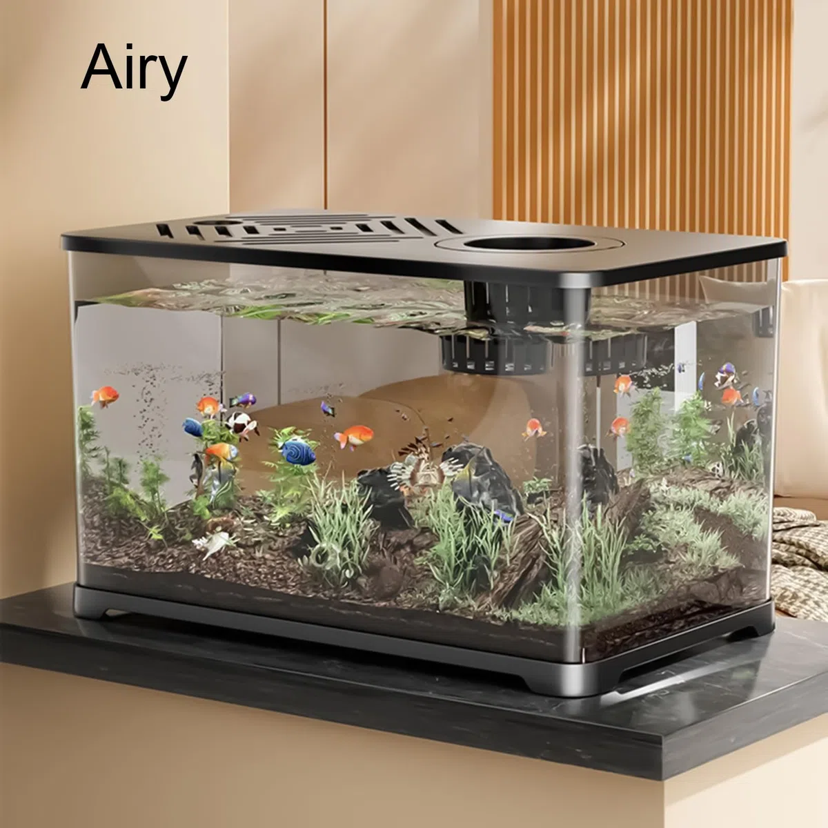 Fischbecken Großes Aquarium-Set Schreibtisch Fischbecken | Panorama Sichtbecken Mit Schildkröten Ruhebereich Für Guppy Garnelen Quallen Und Wasserpflanzen Als Schreibtisch Deko