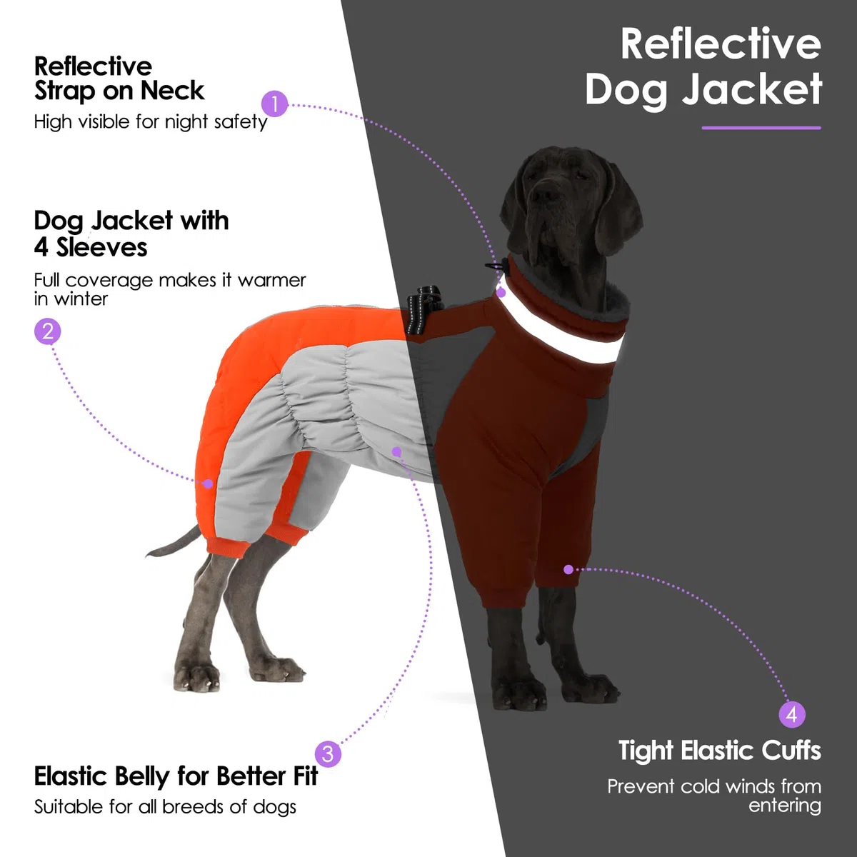 SUNFURA Hundejacke Ganzkörperjacke Warme Fleecejacke Für Große Hunde Wintermäntel Rollkragen Mit Reflektierendem Geschirr Schneeanzug Hundejacken
