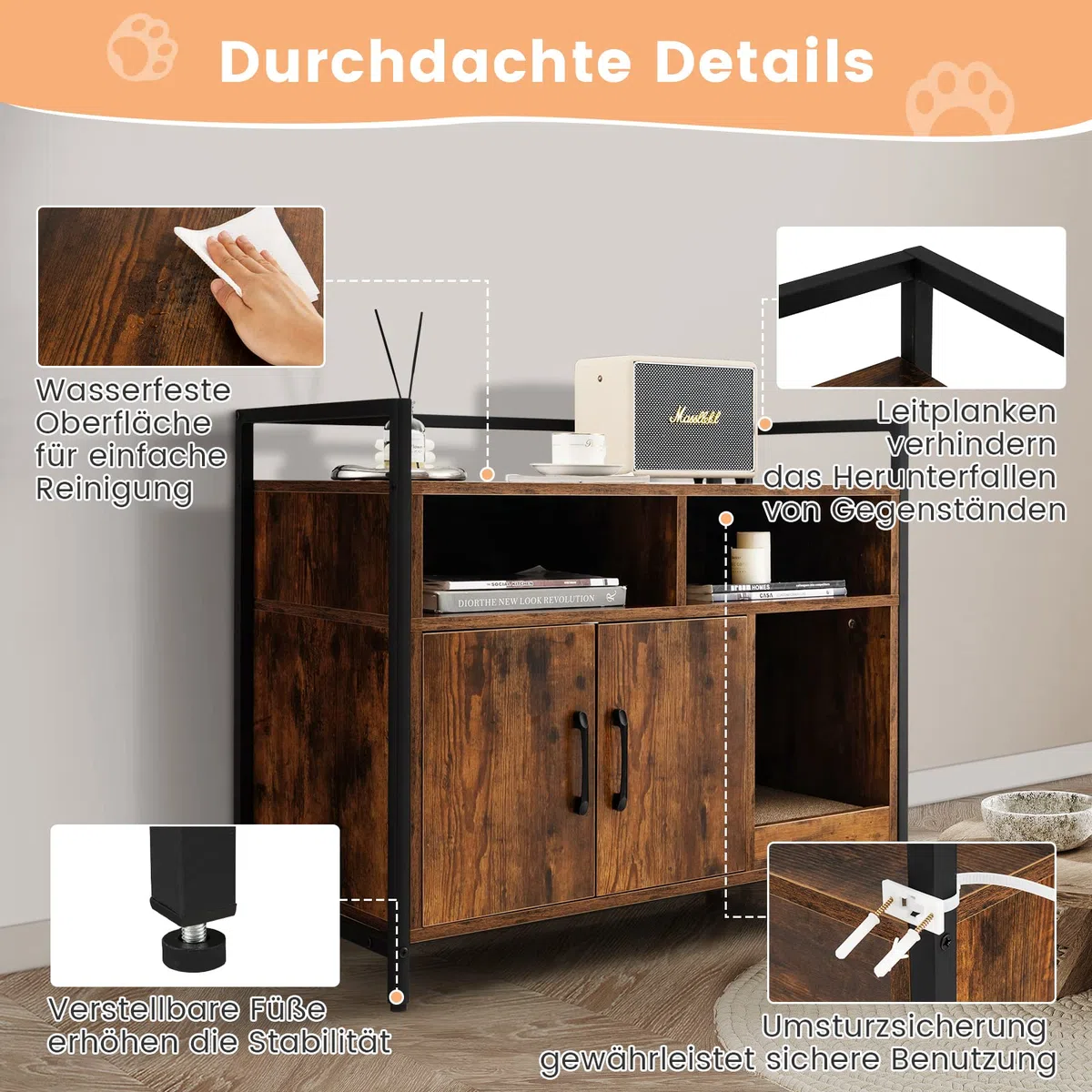 COSTWAY Katzenschrank Katzentoilette mit Doppeltüren & Kratzunterlage, Katzenhaus mit offenem Regal & 2 Fächern, Katzenhöhle Katzenklo Schrank, für Katzen Hunde Haustier (Braun)