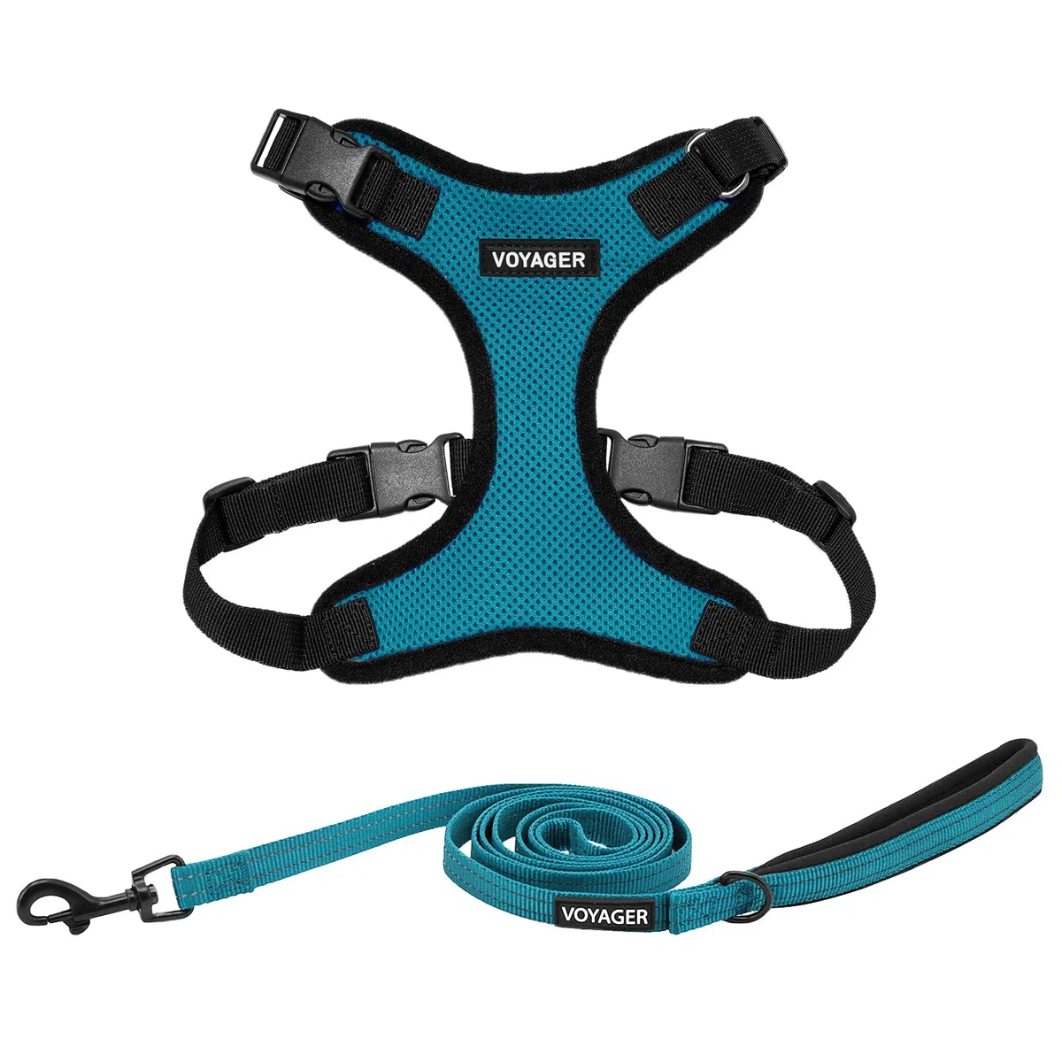 Voyager Step-In Lock Hundegeschirr und reflektierende Hundeleine, Kombi-Set mit Neoprengriff, 1.5 m lang, unterstützt Welpen/Katzen kleine, türkis-schwarzer Rand (mit Leine), XL