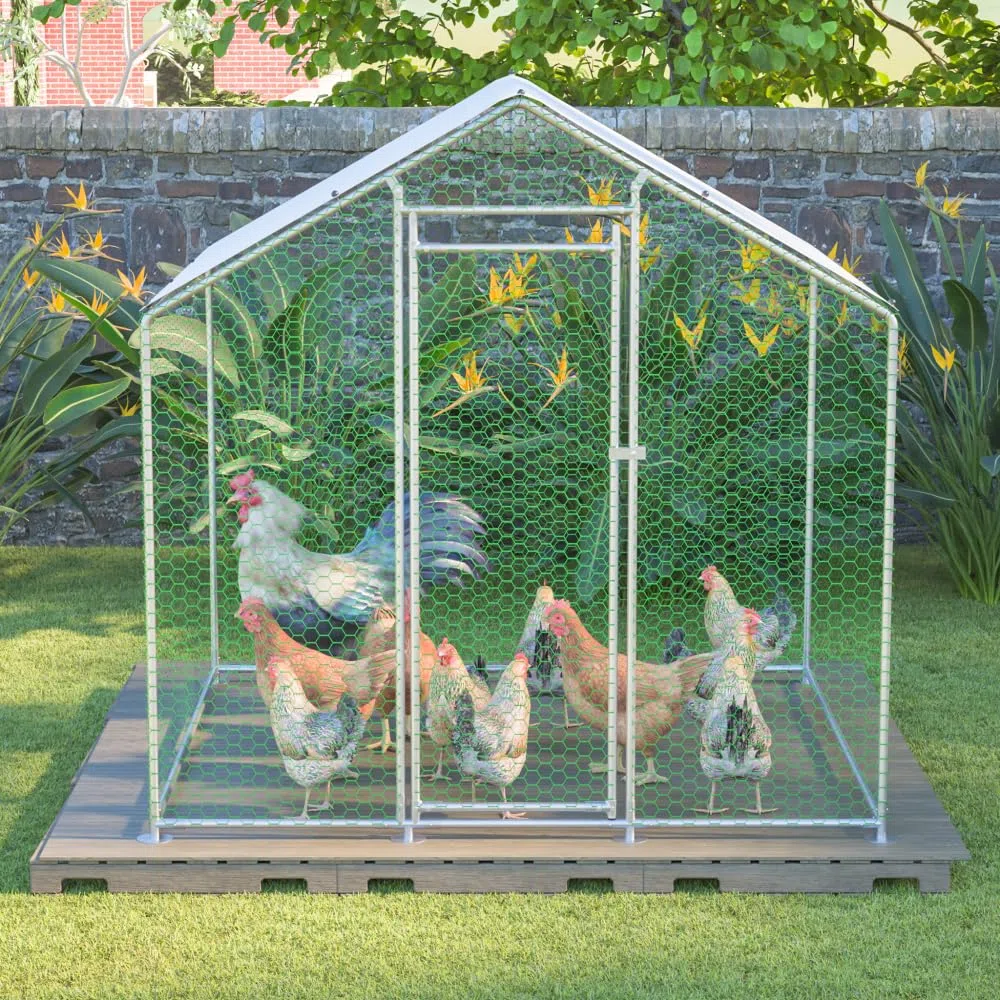 Metall Hühnerstall 2x2x2m Silber Freilaufgehege | Kleintiergehege Voliere Geflügelstall, Verzinkter Stahlrahmen Dachplane Begehbarer Auslauf Draußen Gartengehege Schutzdach