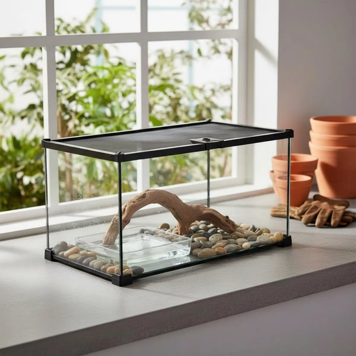 Reptilien-Terrarium Glasbehälter mit Durchsichtigem 360-grad Sichtfeld Und Robuster Zughaube Belüftetes Haustiergehege mit Metallgitter-Abdeckung Und, 30x30x20cm