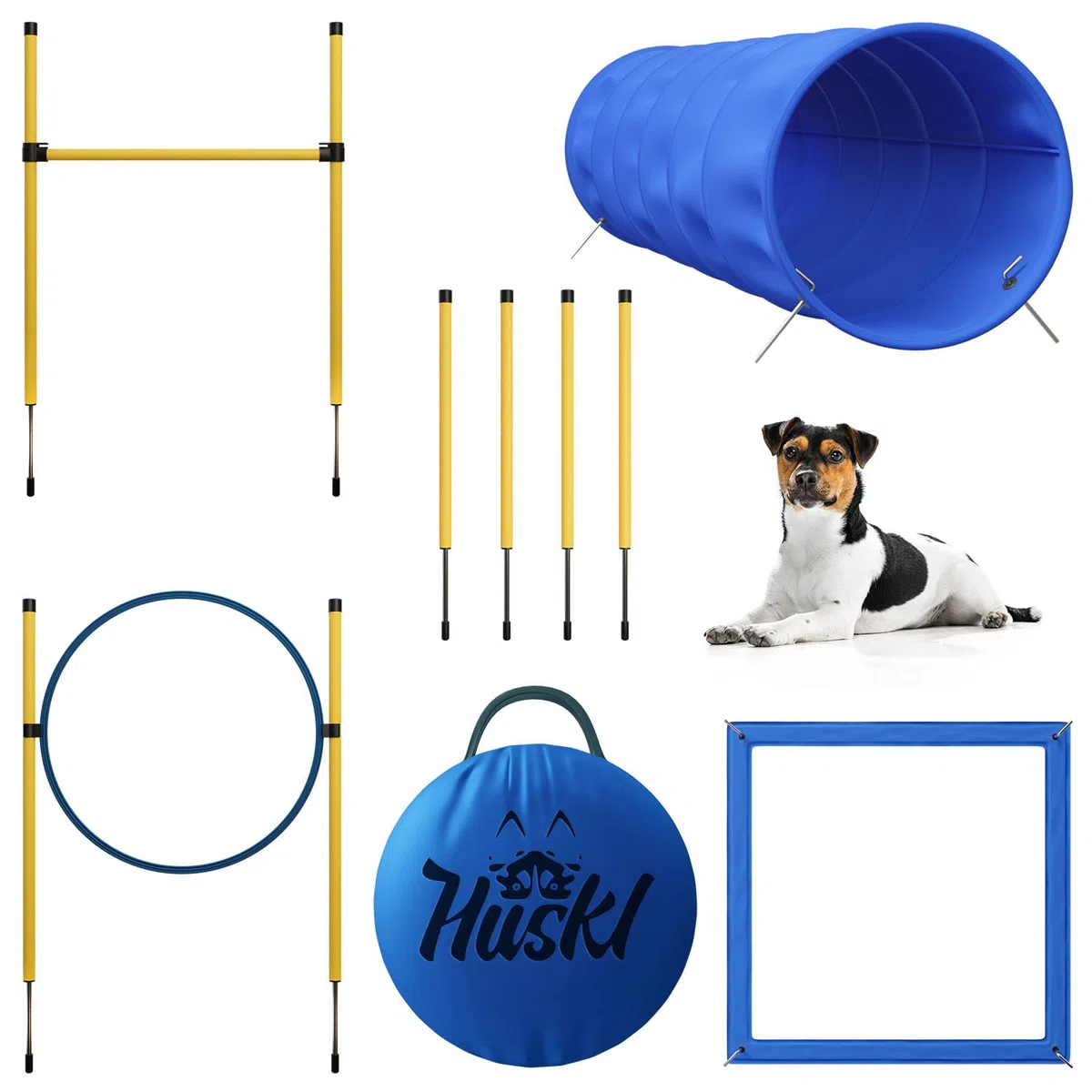 Agility Set Hunde Klein und Groß aus Tunnel für Hunde, Agility Stangen, Hürdenstange, Agility Ring & Pausenbox für Hunde Beschäftigung - Hundetraining Zubehör