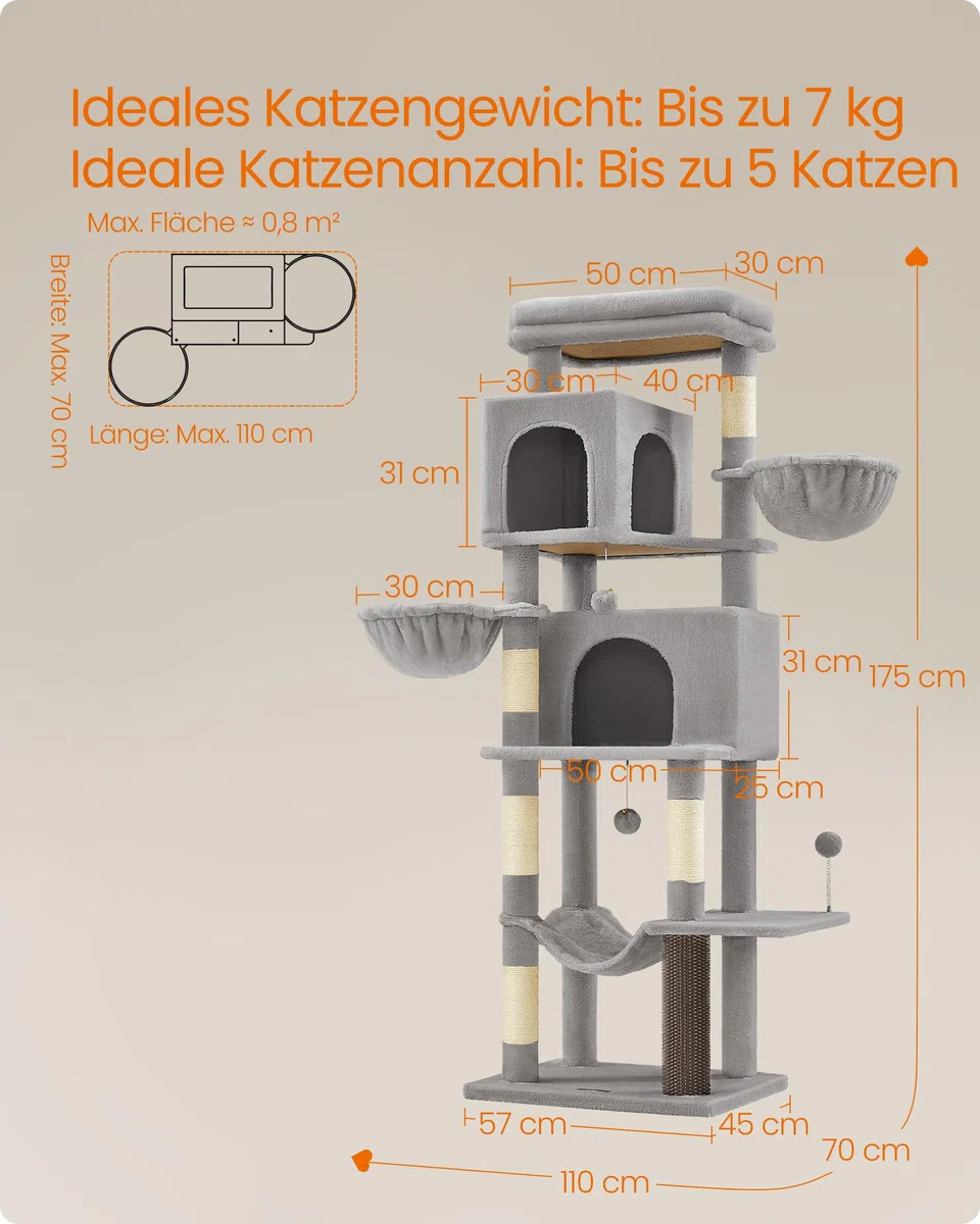 Feandrea Kratzbaum, 175 cm hoch, XL, mehrstöckiger Katzenbaum mit 2 Höhlen, 2 Liegemulden, 5 Kratzsäulen, Katzenbürste, große Plattform, Taubengrau PCT182G01