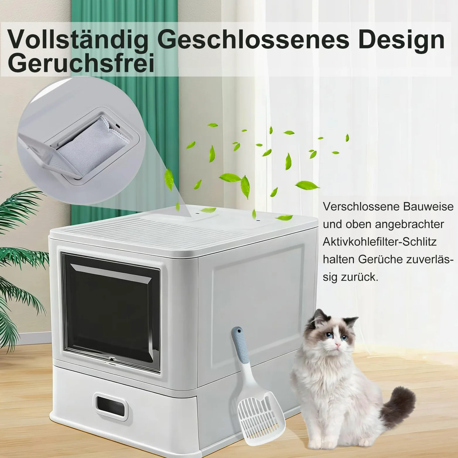 Marchul XL Katzentoilette, Geschlossene Katzentoilette aus Edelstahl mit Deckel und Schubladen-Design, Hohe Seitenwände mit Spritzschutz, Tiefere Schale mit Schaufel und Matte, Eruchsneutral