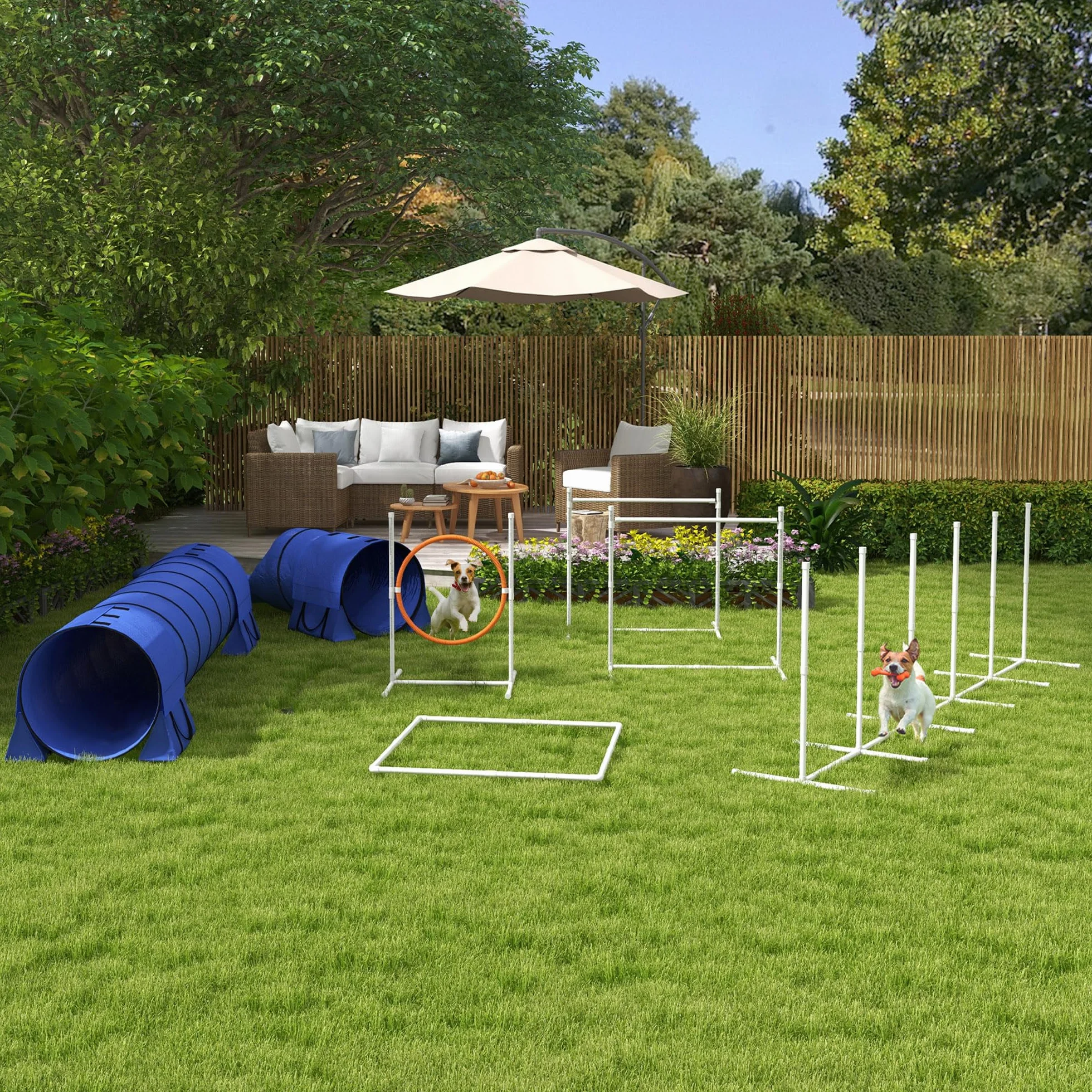 PawHut Agility Set Hunde 7-Teiliges Agility Ausrüstung Hundetunnel | Hürden,Slalomstangen,Springring,Aufbewahrungstasche,Pause-Box,Höhenverstellbar,Steckhürdenset,Trainingsset
