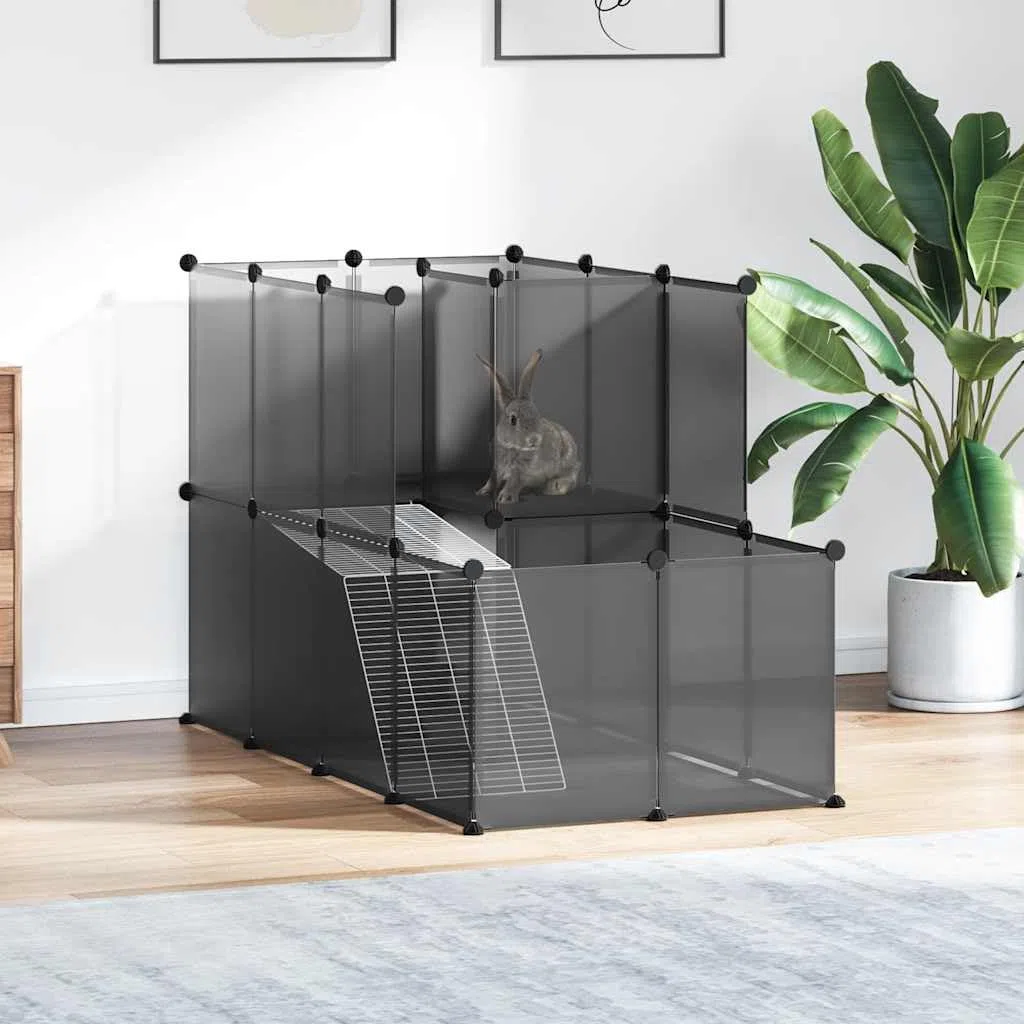 Kleintierkäfig Schwarz 142x74x93 cm aus PP und Stahl mit 24 Paneelen, rutschfesten Matten, Holzhammer, faltbar für Kaninchen, Meerschweinchen, Hamster, Nager, Indoor und Outdoor Nutzung