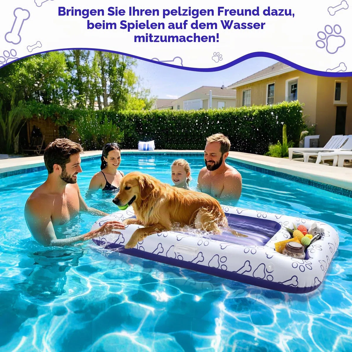 MoKo Pool Luftmatratze für Hunde, 150x90 cm für Hunde der Größen S/M/L, Schwimmmatratze mit Integriertem Staufach für Spielzeug und Futter, Aufblasbare Matratze, Blau Knochen Klaue
