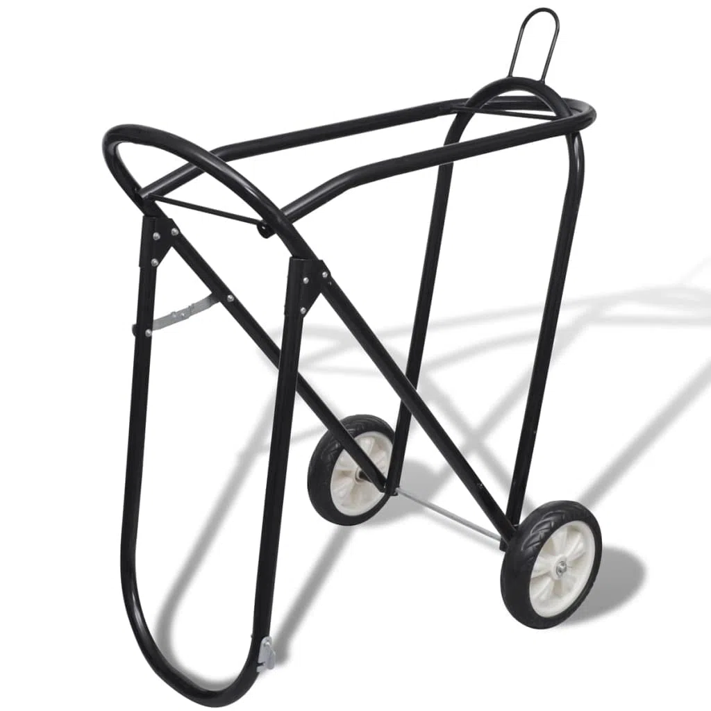 Klappbarer Sattelständer mit Rollen aus Stahl, pulverbeschichtet schwarz, 84 cm Länge, 33 cm Breite, für Reitsport Pferd Zubehör im Stall, zur Aufbewahrung und für den Transport