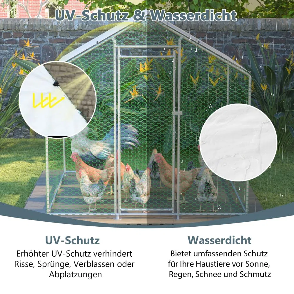 Metall Hühnerstall 2x2x2m Silber Freilaufgehege | Kleintiergehege Voliere Geflügelstall, Verzinkter Stahlrahmen Dachplane Begehbarer Auslauf Draußen Gartengehege Schutzdach