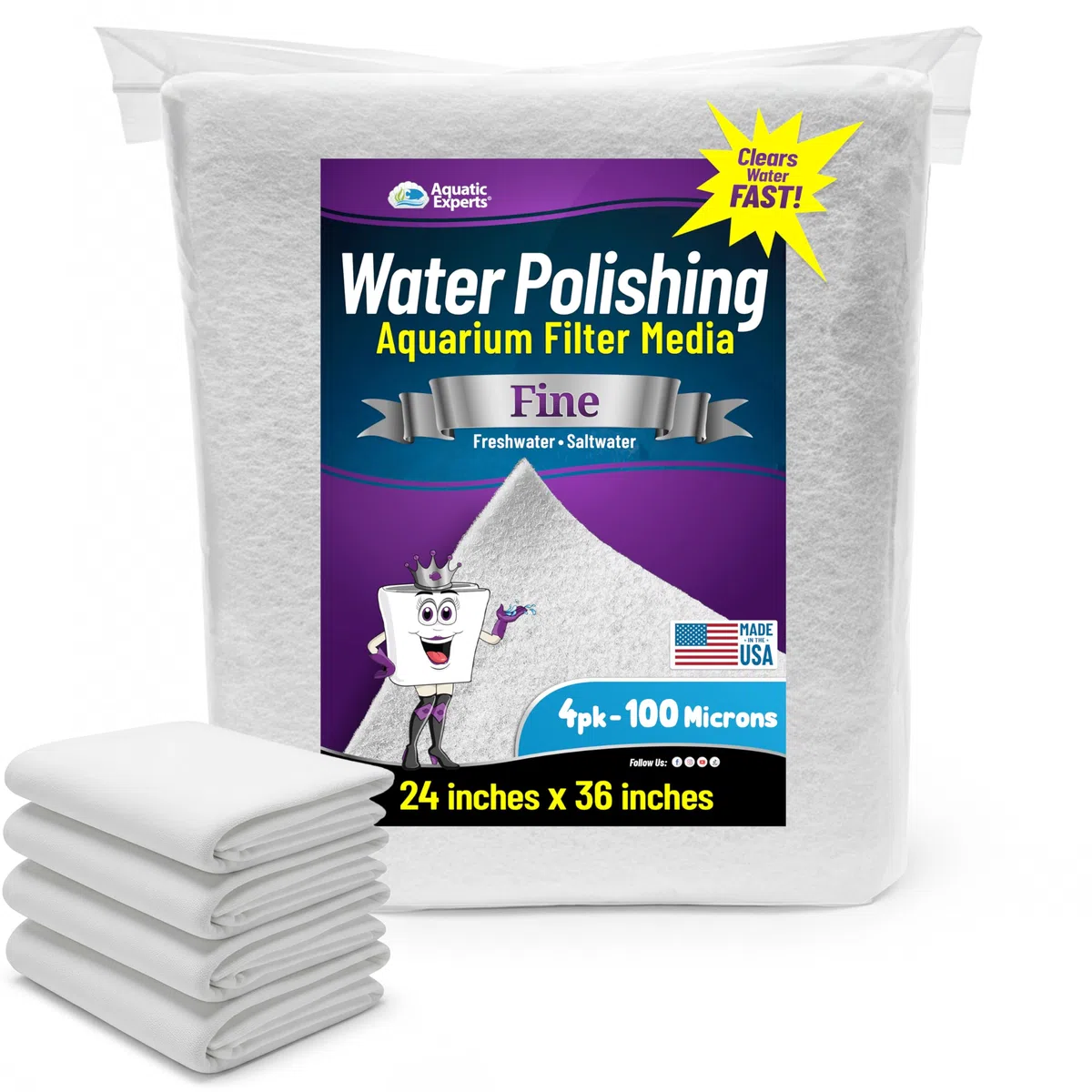 Aquatic Experts Aquarium-Polierfilter-Pad, Wasserpolierpad für Aquariumfilter, Filterwatte für Aquariumfilter, (100 Mikron, 61 x 91,4 cm, 4 Stück)