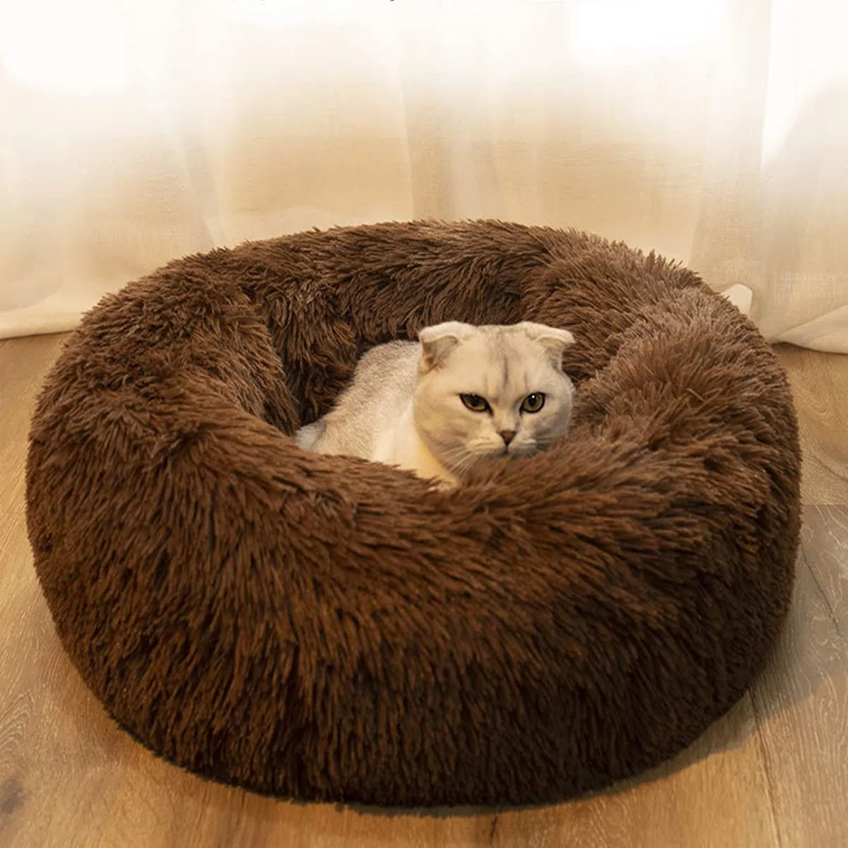 Beruhigendes Hundebett für kleine Hunde – Donut waschbar, kleines Haustierbett, Anti-Angst, rund, flauschiges Plüsch-Katzenbett, passend für Haustiere, Durchmesser: 89 cm