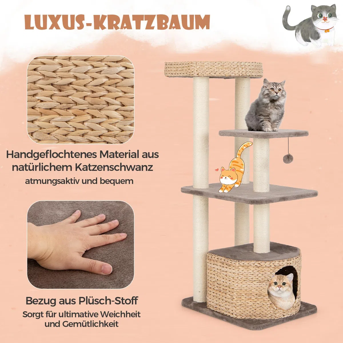 COSTWAY Kratzbaum mit Katzenhöhle, 131 cm hoch, Katzenbaum mit Plattformen & Ball & Sitzstange und Kissen, Kletterbaum aus Rohrkolben & Sisal, Katzenkratzbaum Katzen Klein, Kaffee+Natur