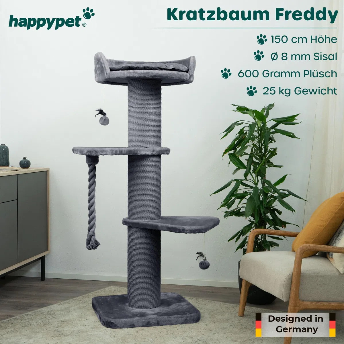 HAPPYPET Premium Kratzbaum Grosse Katzen Stabil 'Freddy' – 150 cm Großer Katzenbaum, Kletterbaum für Maine Coon, Natursisal, 20 cm Dicke Stämme - Grau