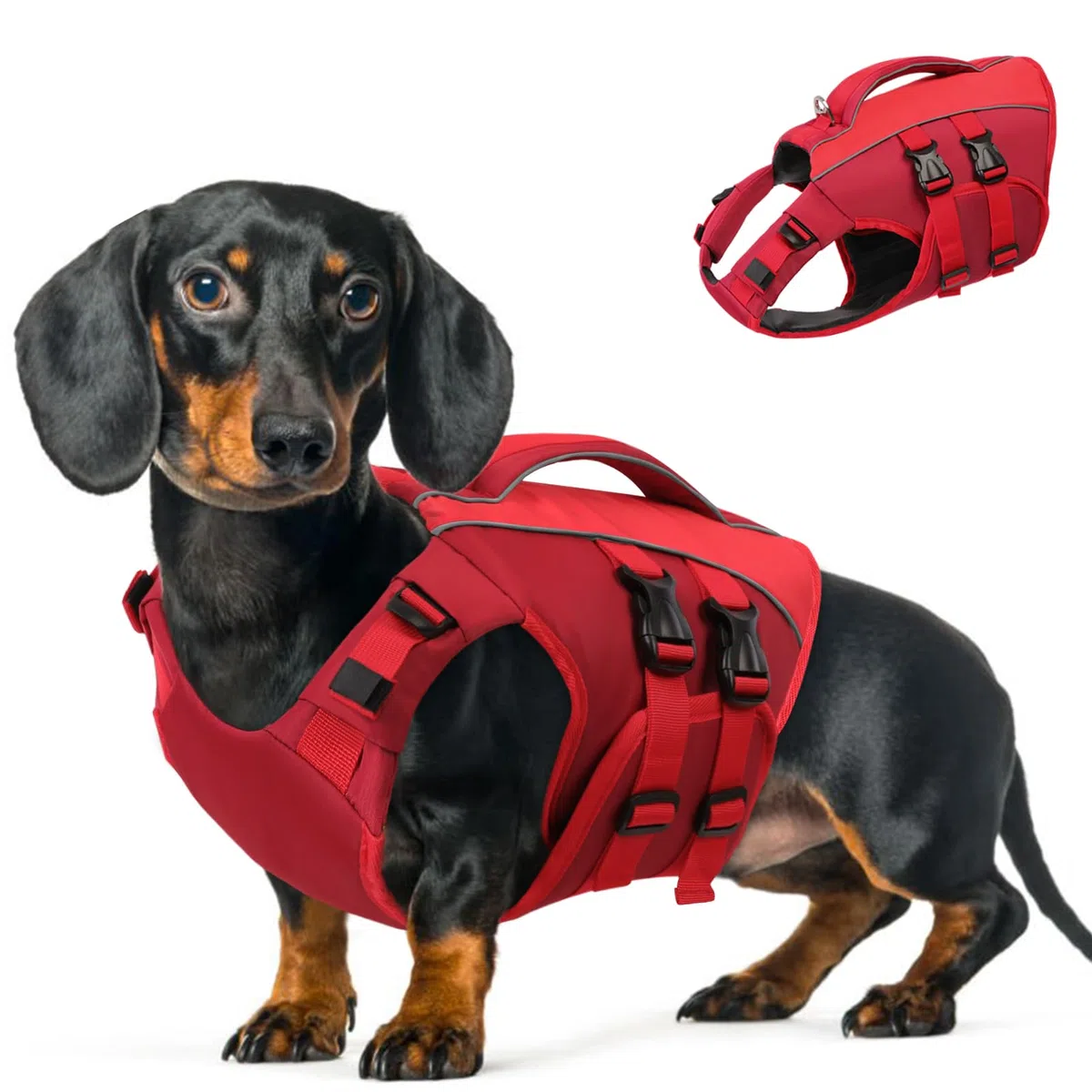 Queenmore Schwimmweste Hund Klein, Ripstop Hunde Schwimmweste, Verstellbar Hundeschwimmweste, Rettungsweste Mit Griff, Schwimmweste Chihuahua,Bootfahren Surfen kajak, Rot, S